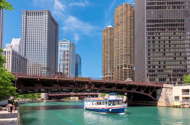Chicago Skyline. Chicago downtown and Chicago River with bridges during sunny day.