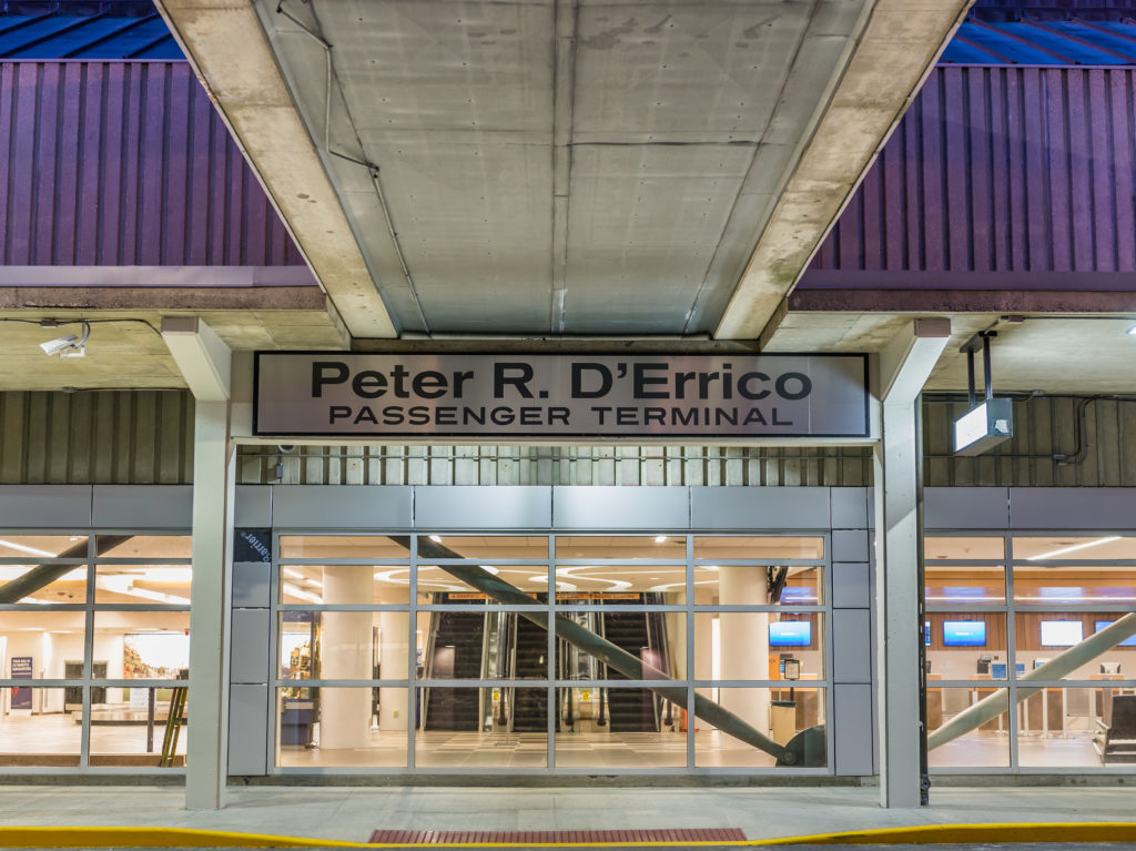 exterior photo of peter r. D'Errico passenger terminal entrance and sign
